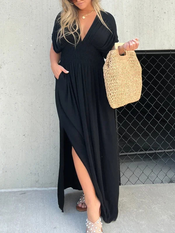 Deep V-Neck Flutter Sleeve Smocked Waist Side Slit Pocket Maxi Dress