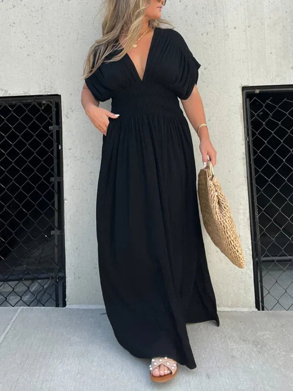 Deep V-Neck Flutter Sleeve Smocked Waist Side Slit Pocket Maxi Dress