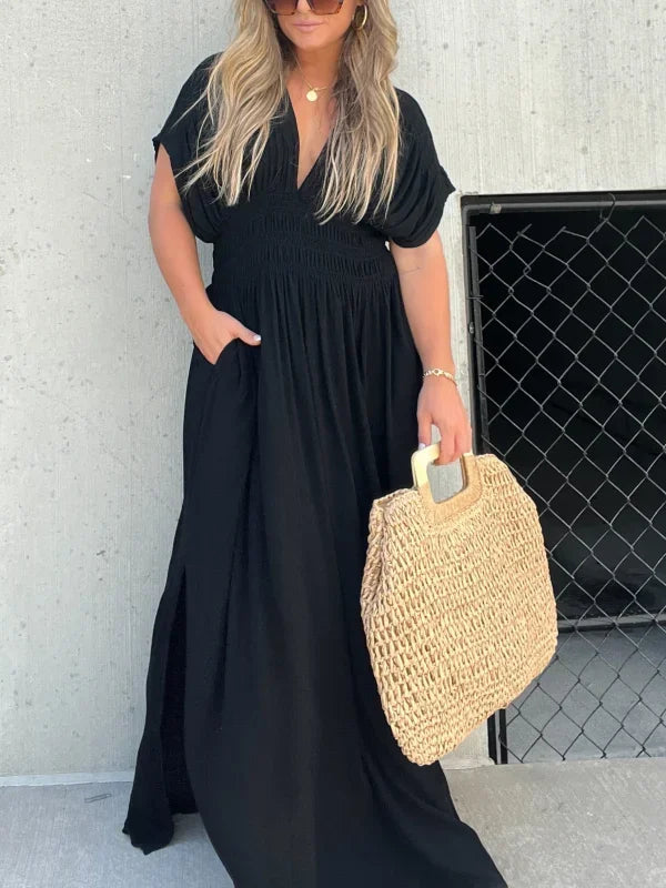 Deep V-Neck Flutter Sleeve Smocked Waist Side Slit Pocket Maxi Dress