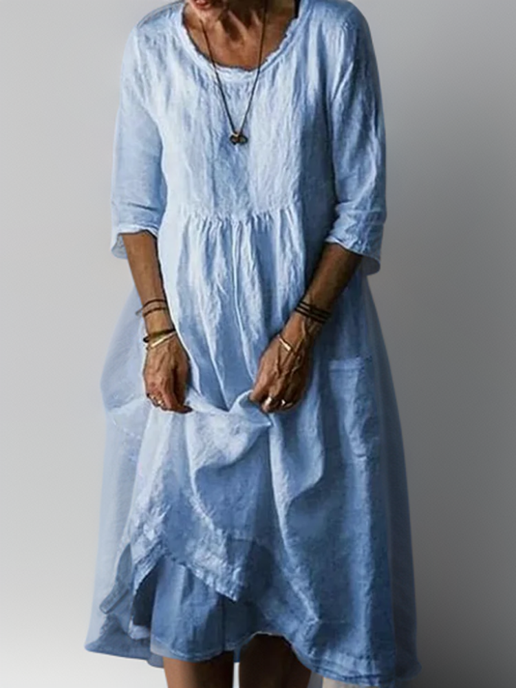 Linen Look Round Neck Three Quarter Sleeve Patch Pocket Empire Waist Tiered Midi Dress