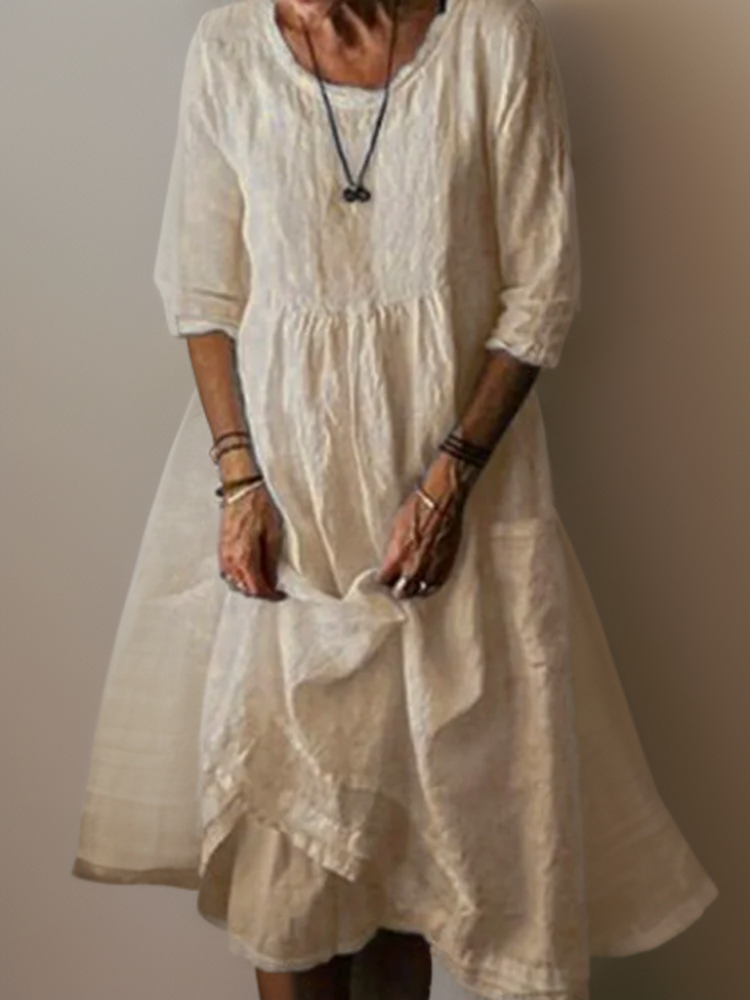 Linen Look Round Neck Three Quarter Sleeve Patch Pocket Empire Waist Tiered Midi Dress