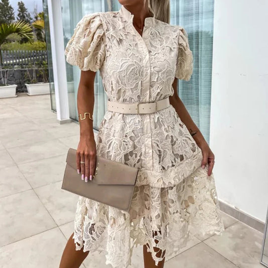 Floral Lace Puff Sleeve Belted Tiered Scallop Hem Mini Dress