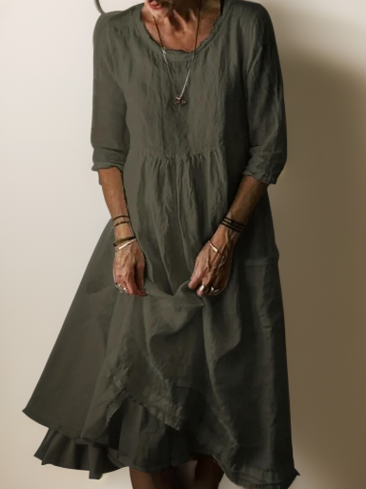 Linen Look Round Neck Three Quarter Sleeve Patch Pocket Empire Waist Tiered Midi Dress