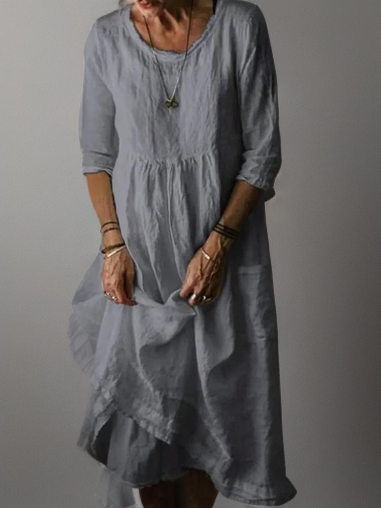 Linen Look Round Neck Three Quarter Sleeve Patch Pocket Empire Waist Tiered Midi Dress