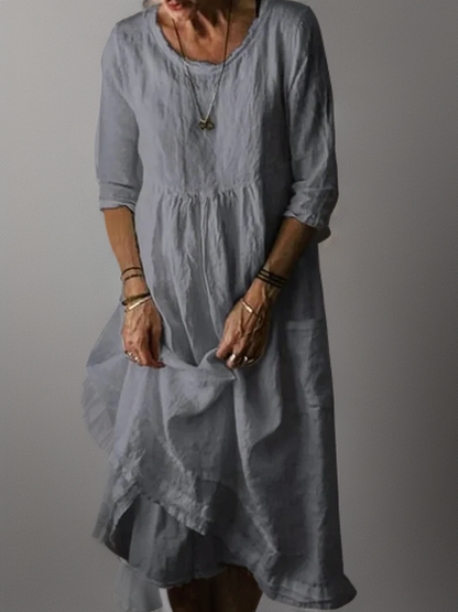 Linen Look Round Neck Three Quarter Sleeve Patch Pocket Empire Waist Tiered Midi Dress