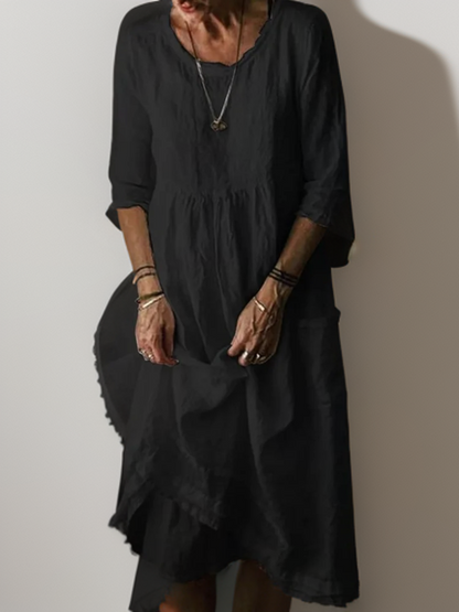 Linen Look Round Neck Three Quarter Sleeve Patch Pocket Empire Waist Tiered Midi Dress
