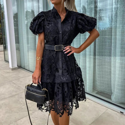 Floral Lace Puff Sleeve Belted Tiered Scallop Hem Mini Dress