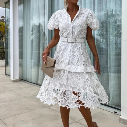 Floral Lace Puff Sleeve Belted Tiered Scallop Hem Mini Dress
