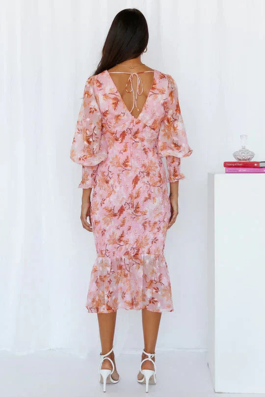 Floral Print Plunge V-Neck Balloon Sleeve Smocked Flounce Hem Midi Dress