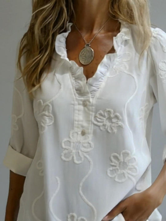 Women's V-Neck Longsleeve Linen Blouse – Floral Embroidered Top