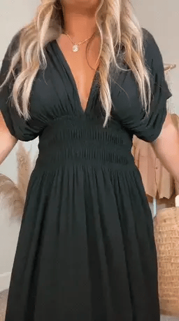 Deep V-Neck Smocked Waist Flutter Sleeve Side Slit Pocket Maxi Dress