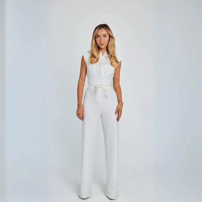 | Structured High-Waisted Sleeveless Jumpsuit, Beige