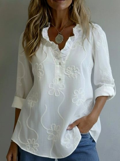 Women's V-Neck Longsleeve Linen Blouse – Floral Embroidered Top