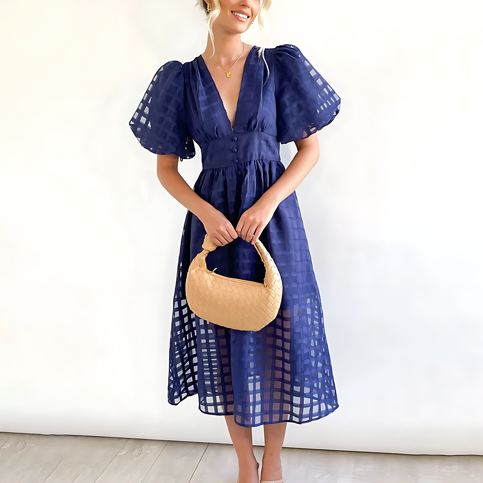 Plaid Check Deep V-Neck Puff Sleeve Button-Front A-Line Midi Dress