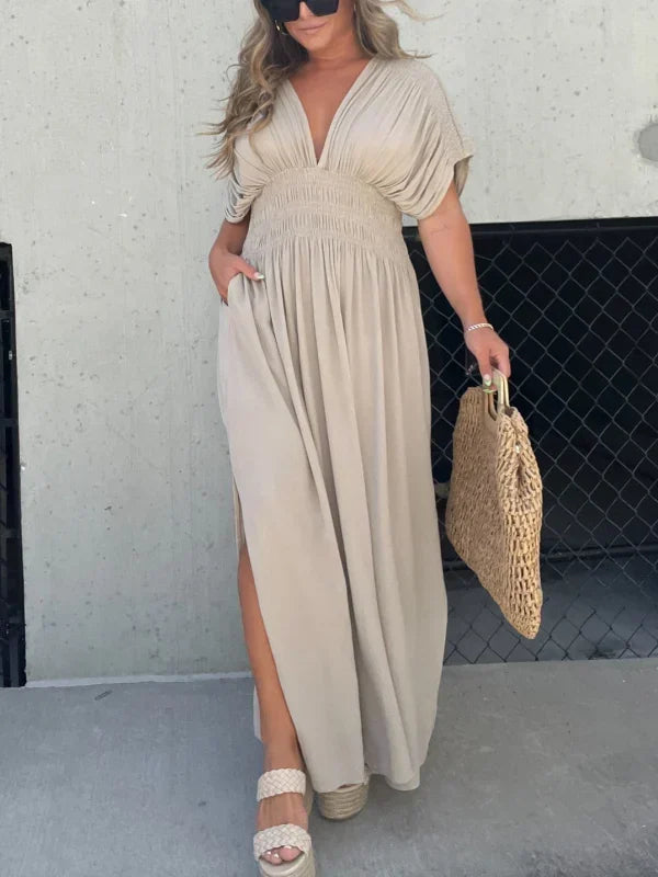 Deep V-Neck Smocked Waist Flutter Sleeve Side Slit Pocket Maxi Dress