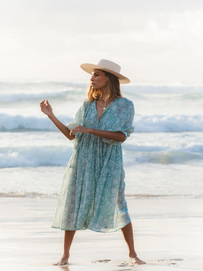 Botanical Block Print Tie-Neck Balloon Sleeve Empire Waist Midi Dress