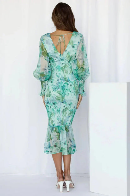 Floral Print Plunge V-Neck Balloon Sleeve Smocked Flounce Hem Midi Dress
