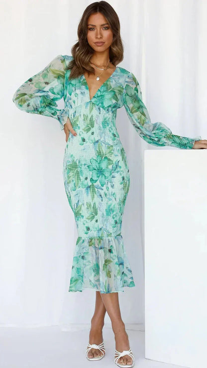 Floral Print Plunge V-Neck Balloon Sleeve Smocked Flounce Hem Midi Dress