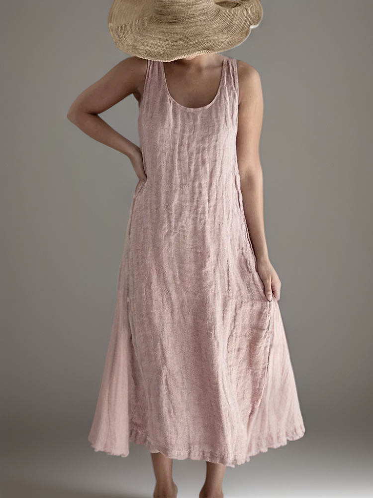 Linen Look Deep Scoop Neck Relaxed Straight Column Maxi Dress