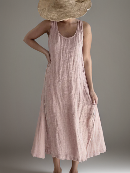 Linen Look Deep Scoop Neck Relaxed Straight Column Maxi Dress