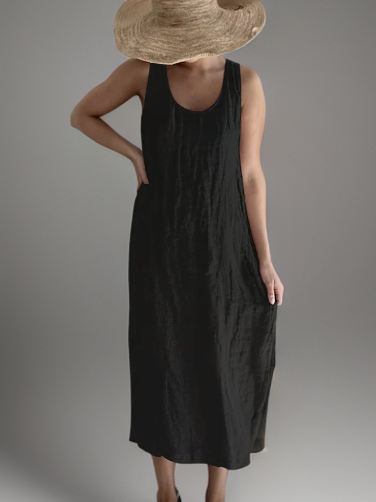 Linen Look Deep Scoop Neck Relaxed Straight Column Maxi Dress