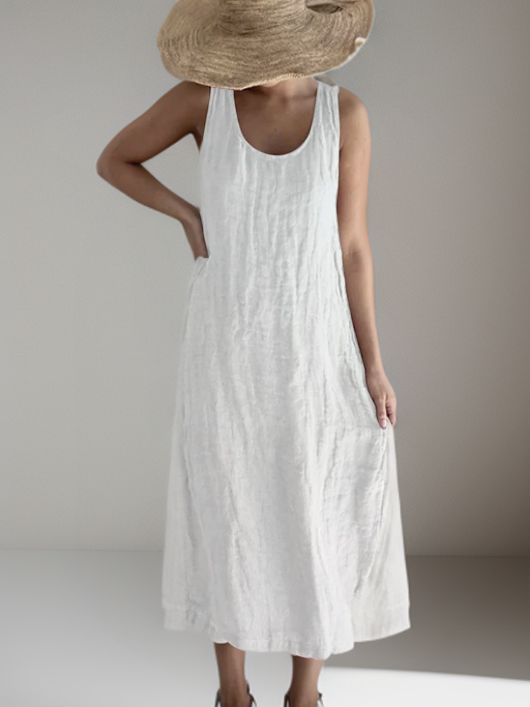 Linen Look Deep Scoop Neck Relaxed Straight Column Maxi Dress