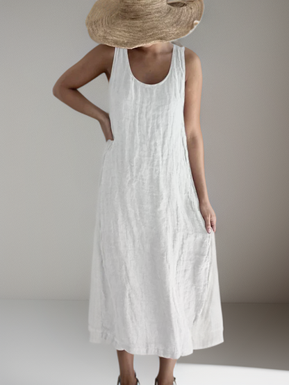 Linen Look Deep Scoop Neck Relaxed Straight Column Maxi Dress