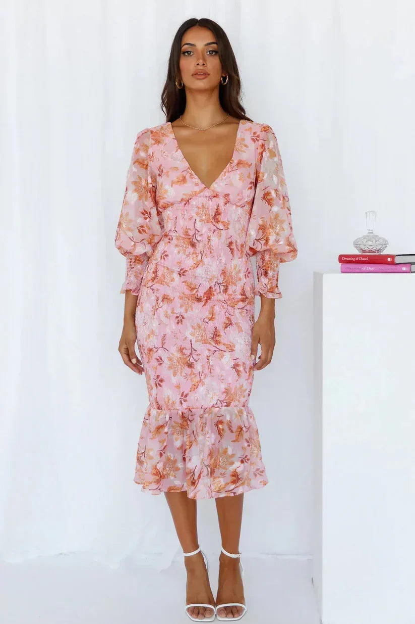 Floral Print Plunge V-Neck Balloon Sleeve Smocked Flounce Hem Midi Dress