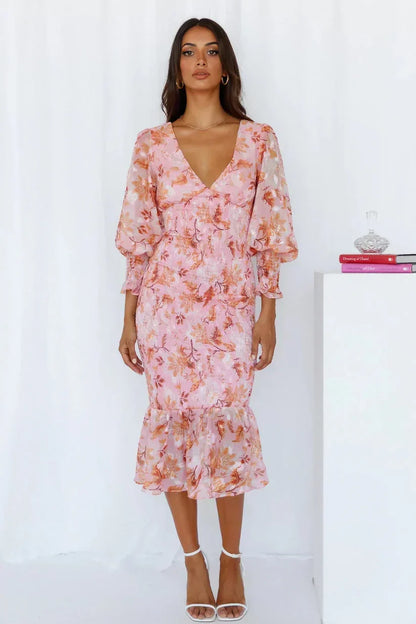 Floral Print Plunge V-Neck Balloon Sleeve Smocked Flounce Hem Midi Dress