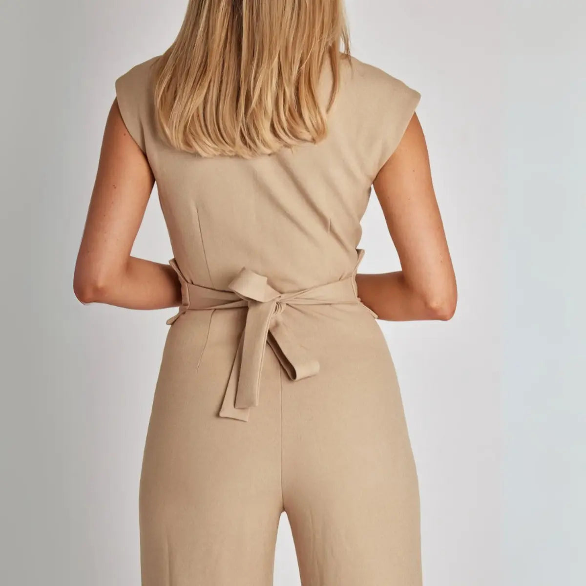 | Structured High-Waisted Sleeveless Jumpsuit, Beige