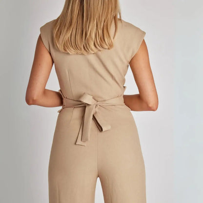 | Structured High-Waisted Sleeveless Jumpsuit, Beige