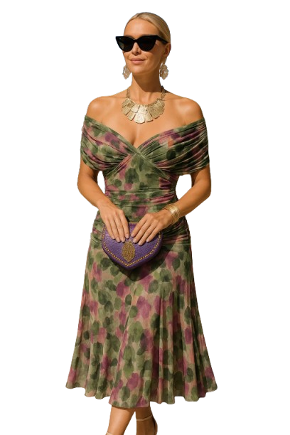 Women's Deep V-Neck Floral Midi Dress – Elegant Cocktail Party Fit