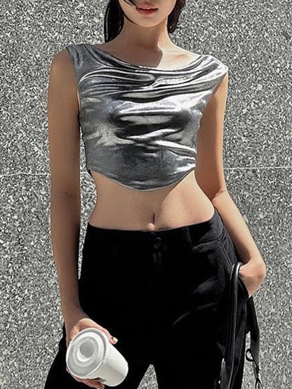 Curvy Hem Metallic Cropped Tank Top