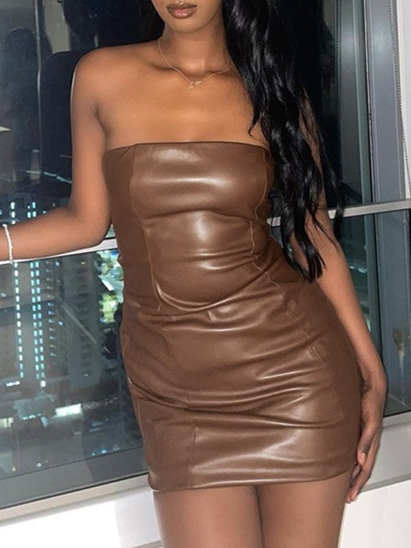 Pu Leather Strapless Mini Dress