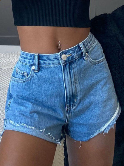 Blue Wash Raw Hem Denim Hot Shorts
