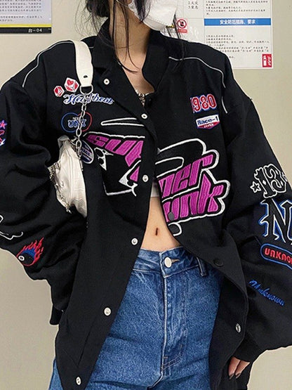 Vintage Embroidered Button Down Motorcycle Varsity Jacket
