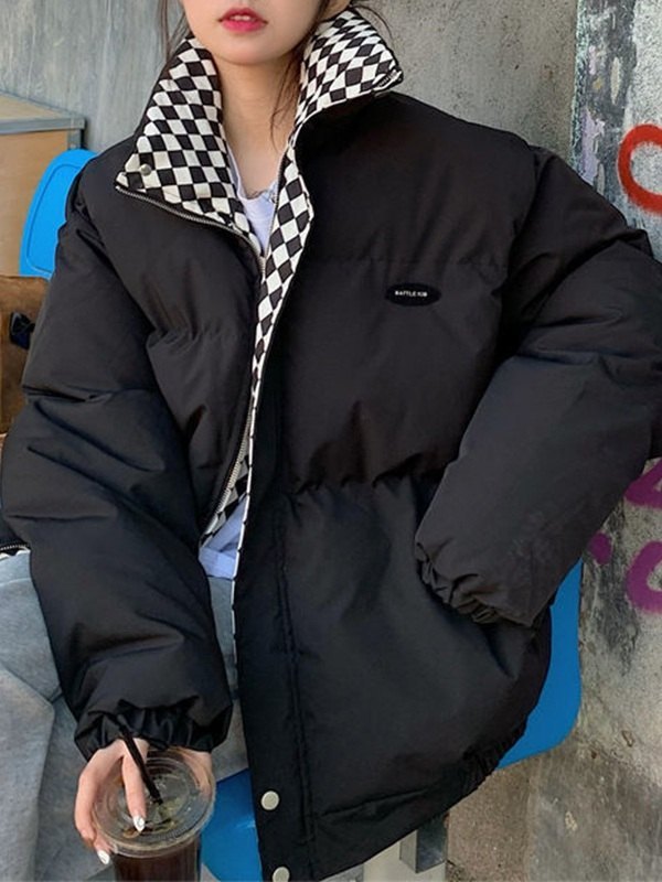 Checkered Collar Zip Up Padded Jacket