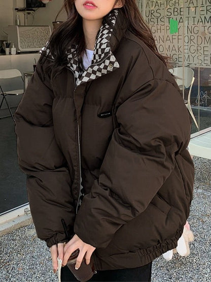 Checkered Collar Zip Up Padded Jacket