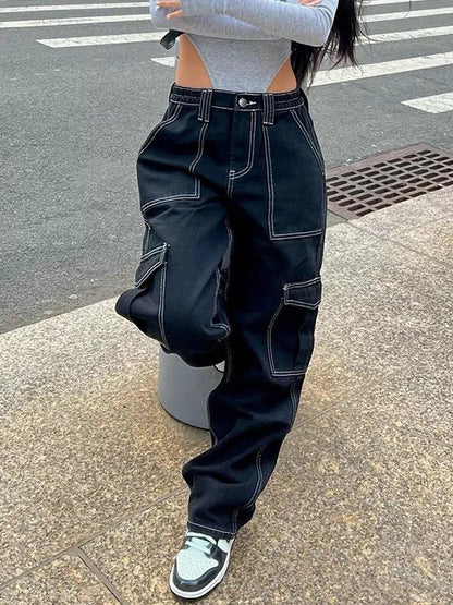 Stitched Detail Straight Leg Cargo Jeans