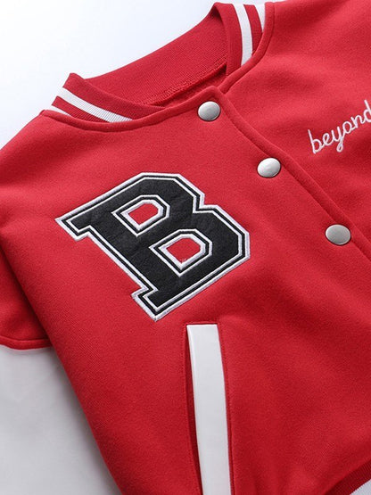 Embroidery Pu Leather Paneled Cropped Varsity Jacket