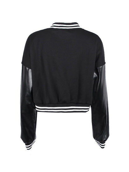 Embroidery Pu Leather Paneled Cropped Varsity Jacket