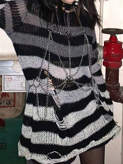 Gradient Striped Distressed Long Sleeve Mini Dress