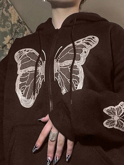 Y2K Butterfly Oversized Zip Up Hoodie
