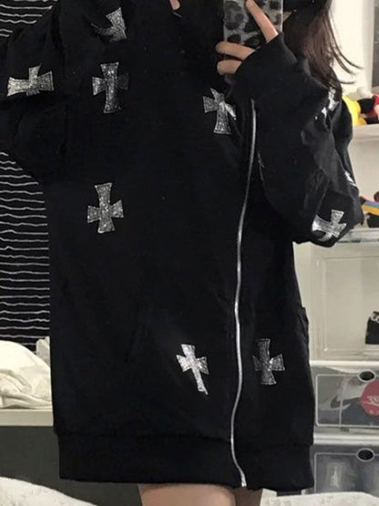 Rhinestone Cross Zip Up Hoodie