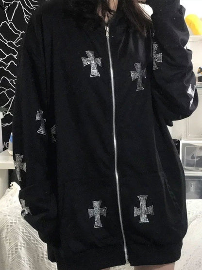 Rhinestone Cross Zip Up Hoodie