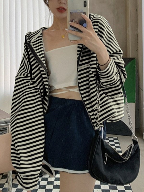 Oversized Vintage Stripe Zip Up Hoodie