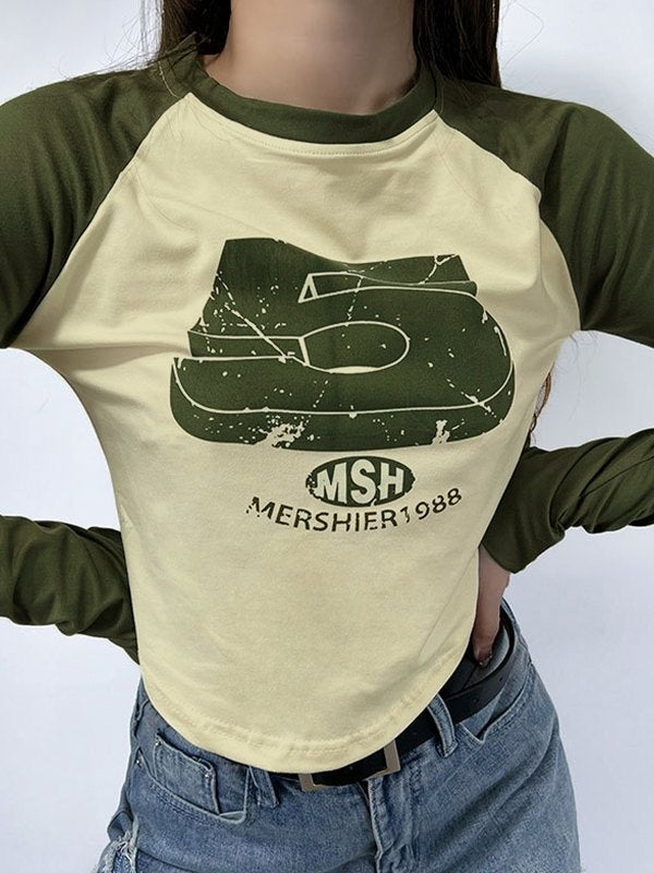 Vintage Green Raglan Long Sleeve Crop Top