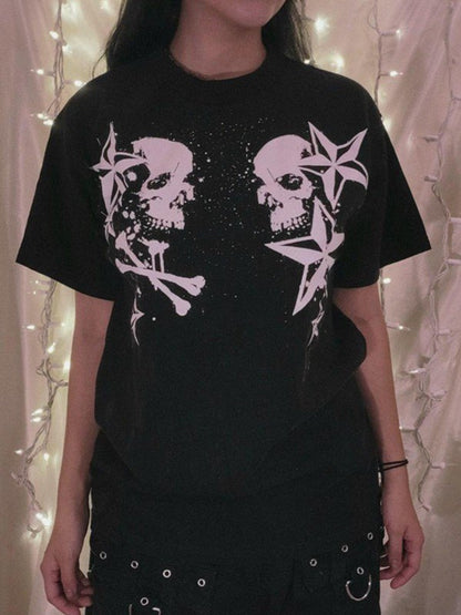 Short Sleeve Black Skull Graphic Oversized Tee