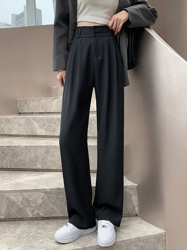 Black Straight Leg Pleated Tailored Pants