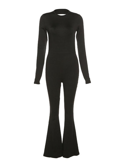Plus Backless Long Sleeve Flare Leg Jumpsuit